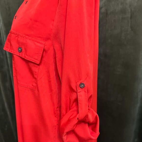 Red V-Neck Roll-Tab Sleeve Shirt Dress Live 4 Truth - Picture 7 of 8